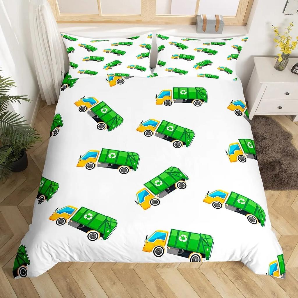 Cartoon Garbage Truck Duvet Cover Green Trash Truck Bedding Set Green Vehicle Car Comforter Cover Garbage Truck Toy Quilt Cover