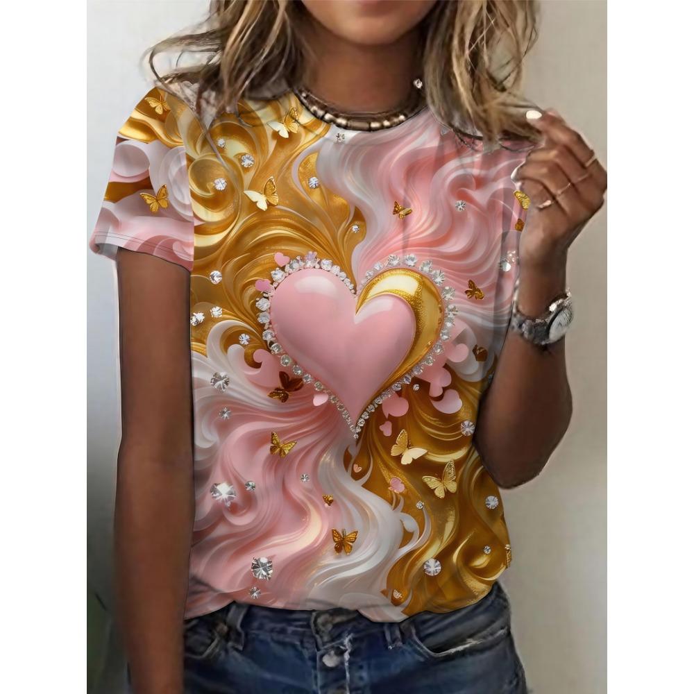 Large Size Women'S Digital Printed Short Sleeved T-shirt Crew Neck Slight Stretch Fabric, Regular Sleeve, All Seasons