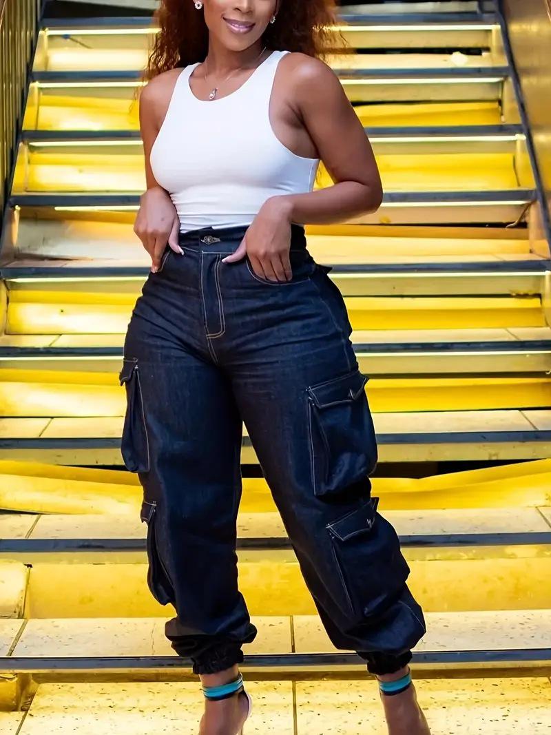 

US Plus Size Women s Elastic Pocket Jeans with TIKTOK Label L синій