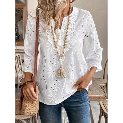 Nuova Blusa Autunnale Larga Scollo a V Elegante per Pendolari Pizzo Ricamato Manica Lunga Top Bianco Casual Forato Camicia da Donna
