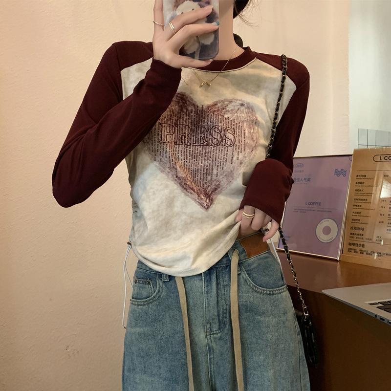 Retro Front Shoulder Long Sleeve T-shirt for Women's Spring Clothes New Slim Fit Slim Inner Bottoming Shirt for Women