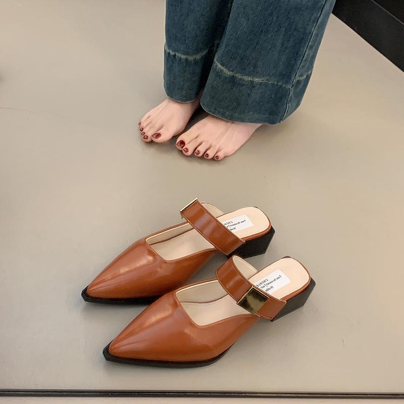 Retro medium heel bag head half slippers women's shoes wear 2025 new summer Korean version small leather shoes Mary Jane shoes