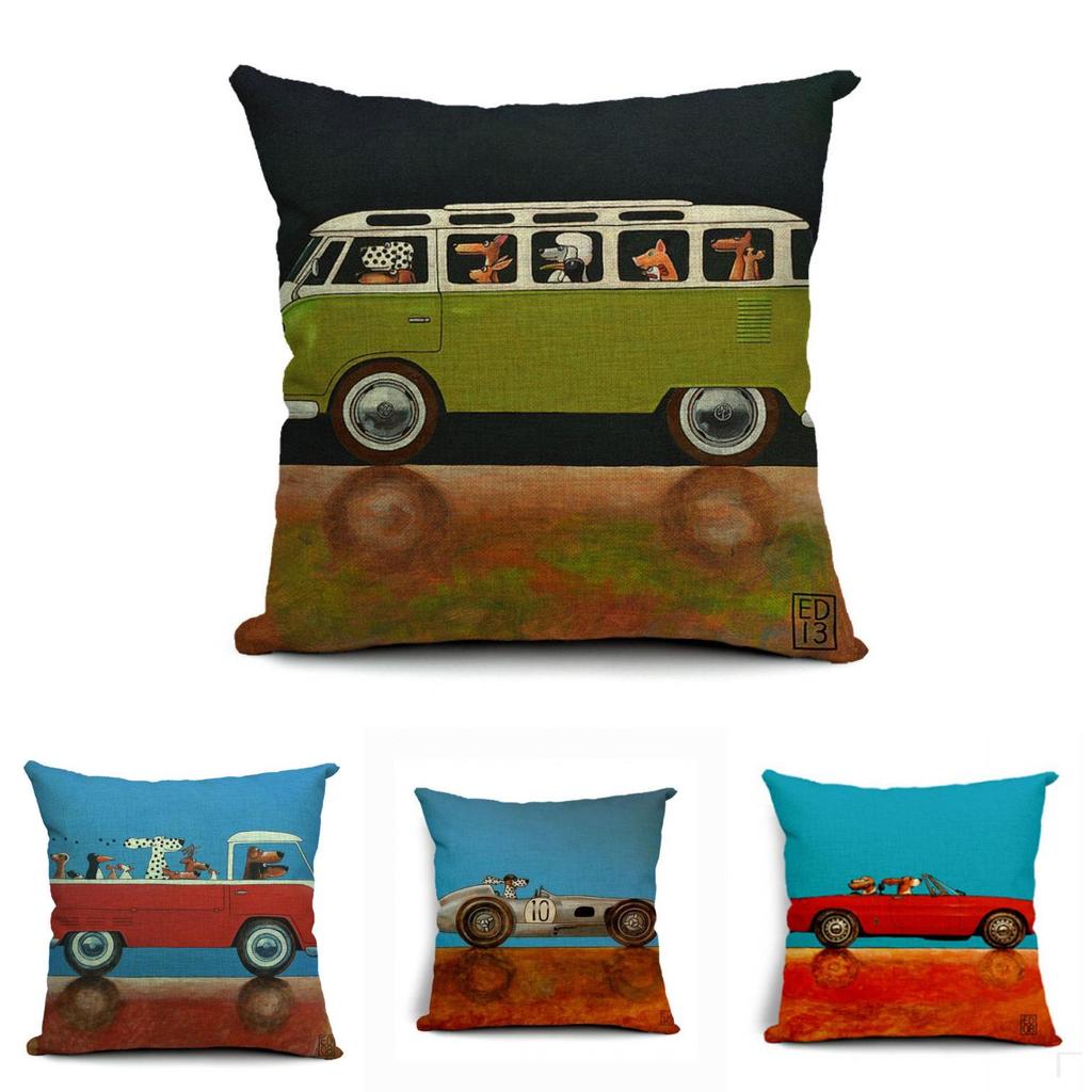 Vintage Car Dog Print Pillow Case In Beautiful Cotton Linen For Stylish Home Decor