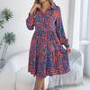 Women's Summer Fashion Printed Lapel Button Loose Long Sleeved Shirt Dress