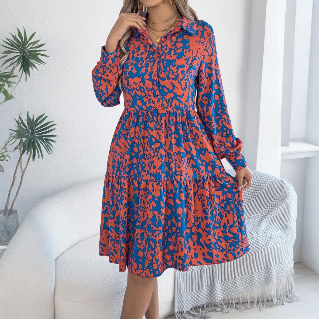 Women's Summer Fashion Printed Lapel Button Loose Long Sleeved Shirt Dress