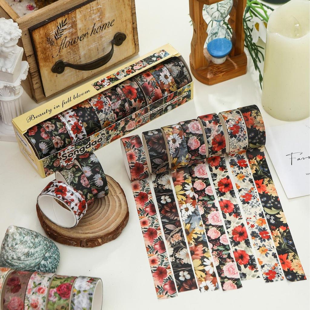 10 Rolls Vintage Flower Washi Tapes Beauty In Full Bloom Floral Pattern Adhesive Paper Masking Tape Decoration Stickers