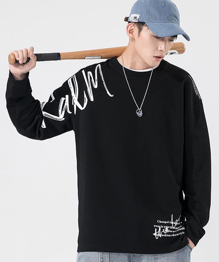 [ANONIE] Men's Sweatshirt, Long Sleeve, Spring Clothes, Long T-Shirt, Men's, Large Size, Stylish Sweatshirt, Black 2XL
