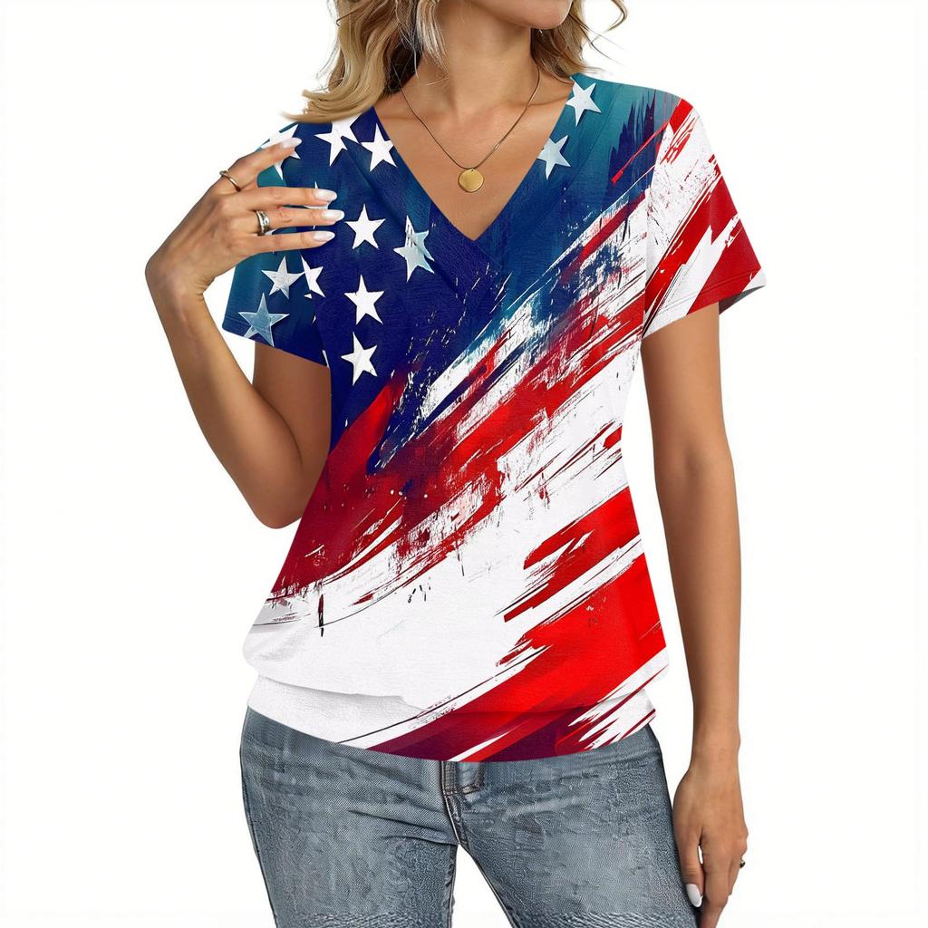Damen Top mit kurzen Ärmeln und V-Ausschnitt mit Unabhängigkeitstag Flagge und Blumenprint Lässiger lockerer Schnitt Bequemes Shirt