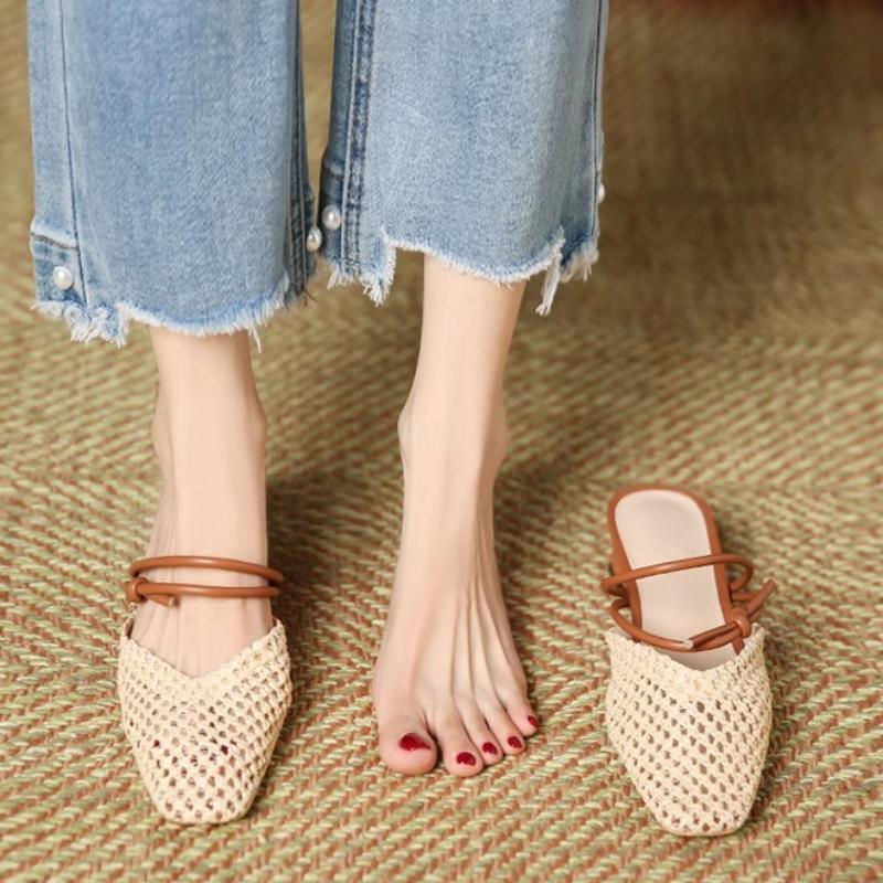 2025 New Vintage Woven 1 Slip-on Toe Half Slippers Women's New Outwear French Fairy Style Thick Heel Holiday Shoes