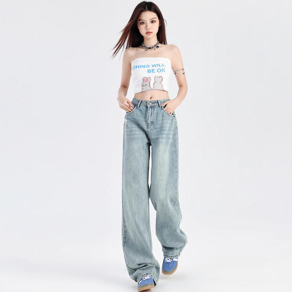 2025 Spring/Summer Women's High Waist Straight Leg Light Wash Non-Elastic Jeans - Slimming Bodycon Drapey Trendy Long Pants
