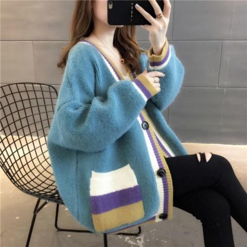 Cardigan Women Female 2023 Spring and Autumn V Neck Long Sleeve Korean Version Loose Color Block Sweater Knit Cardigan Female