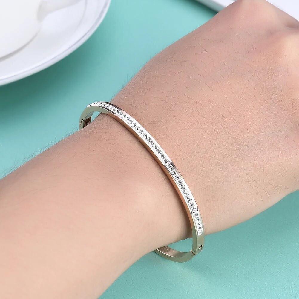 18K Gold Plated Stainless Steel Openable Crystal Bracelet | Latest Stylish Cuff Bangle for Women Girls Mother Sister Wife Girlfriend