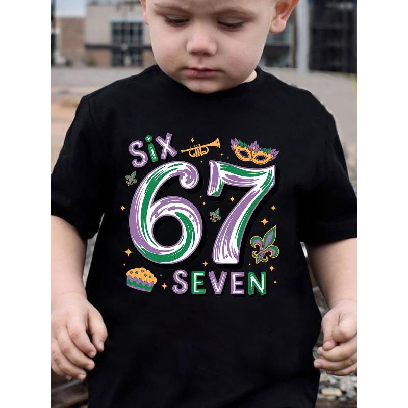 European sizes Mardi Gras Summer Boys' Fashion Short-Sleeve T-Shirt with 'SIX SEVEN' Number Six And Seven, Featuring Small Mask Elements