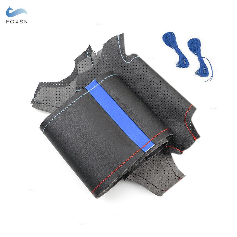Capa de couro para volante de carro, guarnição para bmw série 3 5 e36 e46 e39 e x3 e83 x5 e53 2000 preto-vermelho linha azul com azul