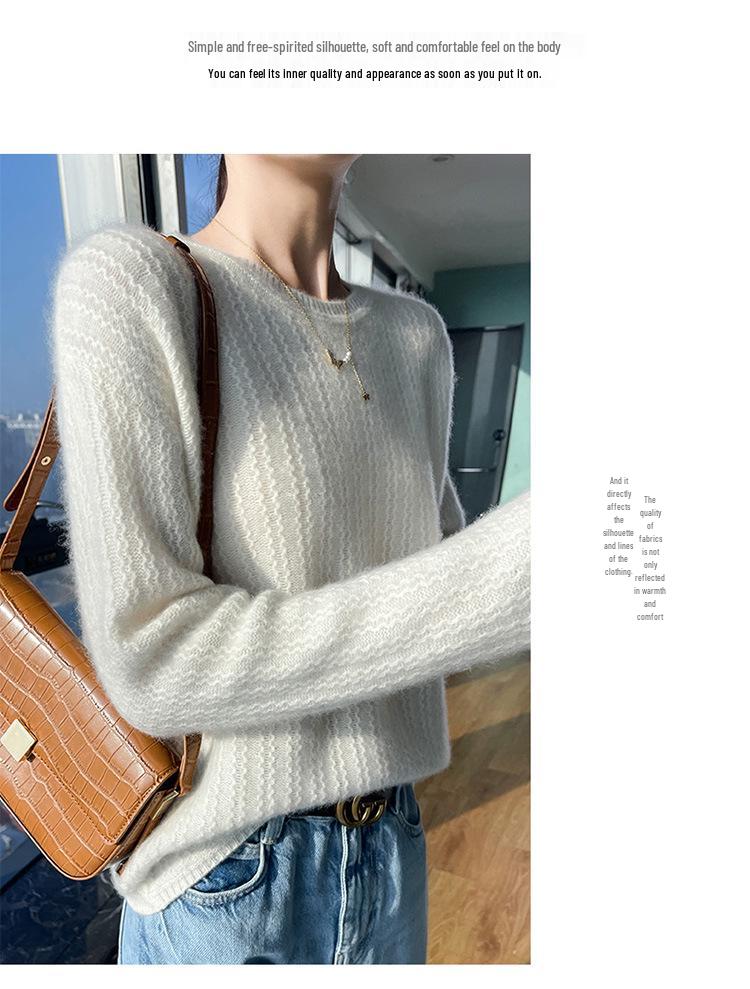 Women's Loose Casual Merino Wool Round Neck Sweater - Solid Color Wavy Pattern (Autumn/Winter Collection)