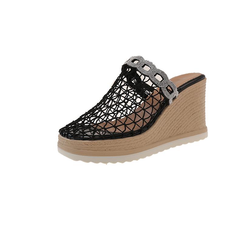 New Hollow-out Breathable Rhinestone Mesh Yarn Baotou Half Slippers Women's Summer Wear Platform Platform Fishing Net Shoes