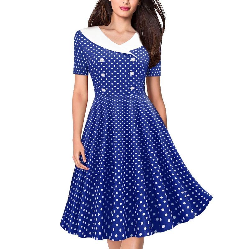 Summer Women's V-Neck Short Sleeve Polka Dot Printing Retro Double-breasted Pseudo-Button Pendulum Dress