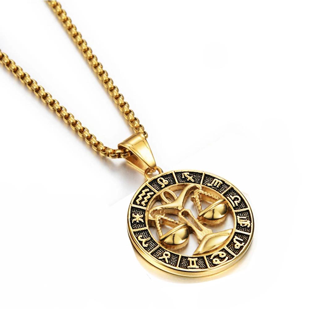 Gold Stainless Steel Zodiac Necklace Leo Scorpio Pendant for Women Men 12 Constellation Round Charm Jewelry Gift