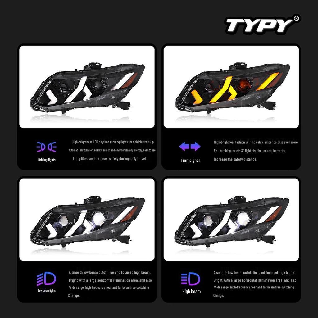 12-15 Gen 9 Civic Headlight Assembly with Lamborghini Style LED DRLs & Flowing Turn Signals