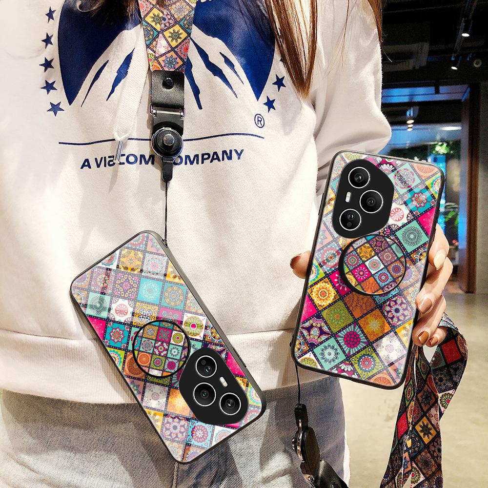 For Honor 400 Pro 5G (Global) Case Kickstand Ethnic Pattern Tempered Glass Phone Cover with Strap