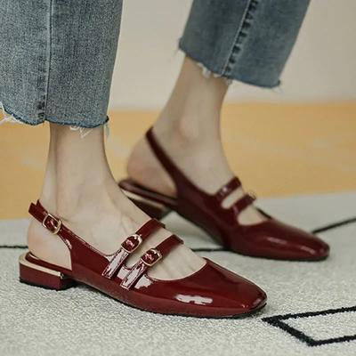 Women Sandals Summer Shoes Woman Flats Double Buckle Mary Janes Shoes Patent Leather Dress Shoes Back Strap Mujer