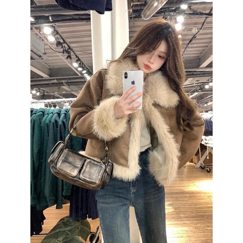 Retro fur integrated brown suede short fur jacket women's thin fur top autumn and winter