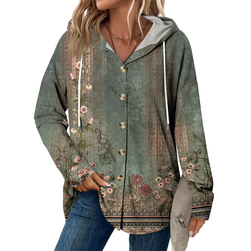 Dammode Casual Raglan Långärmad Dragsko Kappa, Vintage Knäppt Huva Kappa