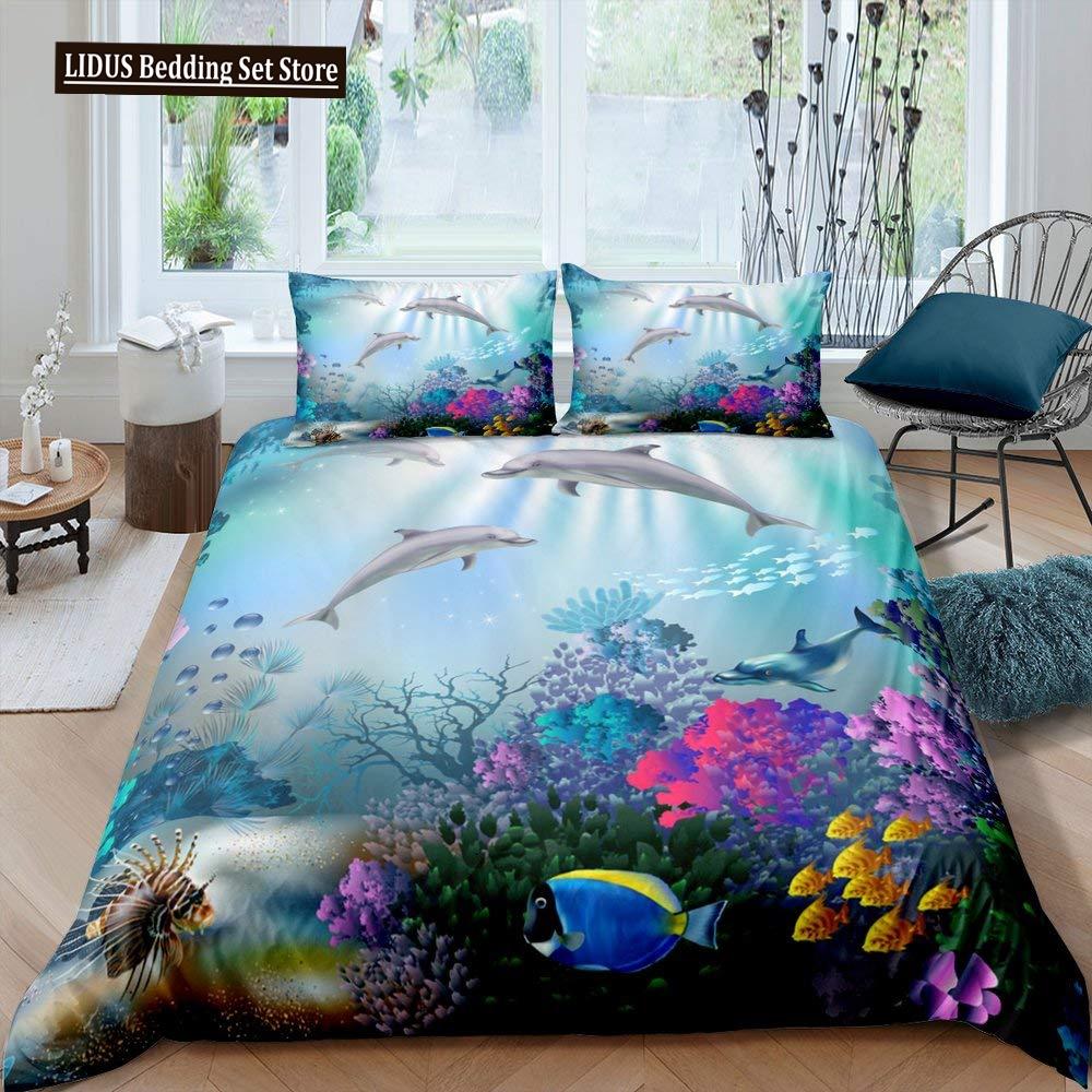 Fisch Bettbezug Set Ozean Bettwäsche Sets 3D Gedruckte Unterwasserwelt Mit Hai Delfin Korallenriff Muster Bettdeckenbezug Set 2/3tlg