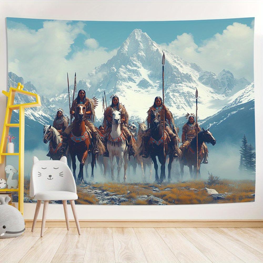 Epic Mountain Tapestry: Native Warriors On Horseback For A Dramatic Living Room Decor