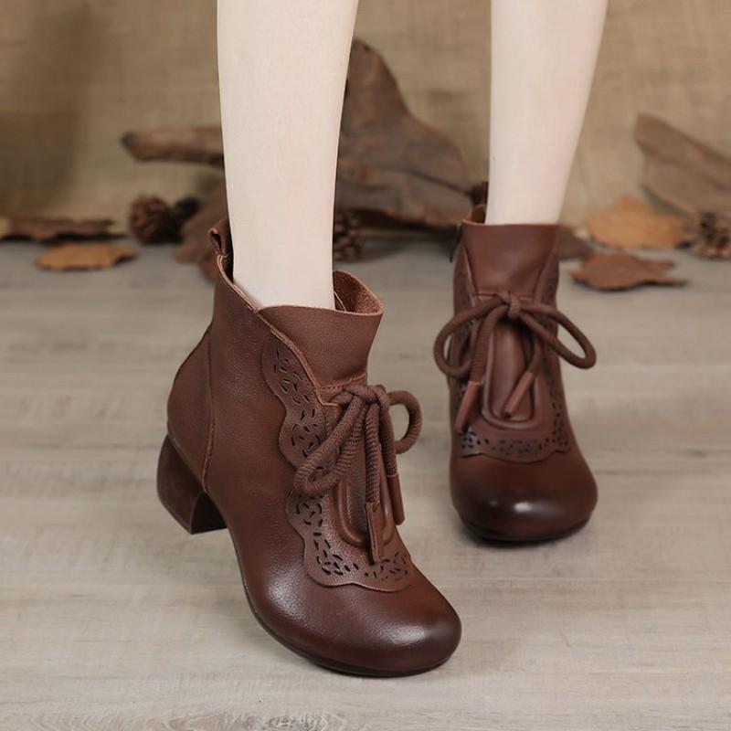 Womens Mid-Heel Round-Toe Ankle Boots PU Leather Comfortable Slip-Resistant Winter Fashion Mature Ladies