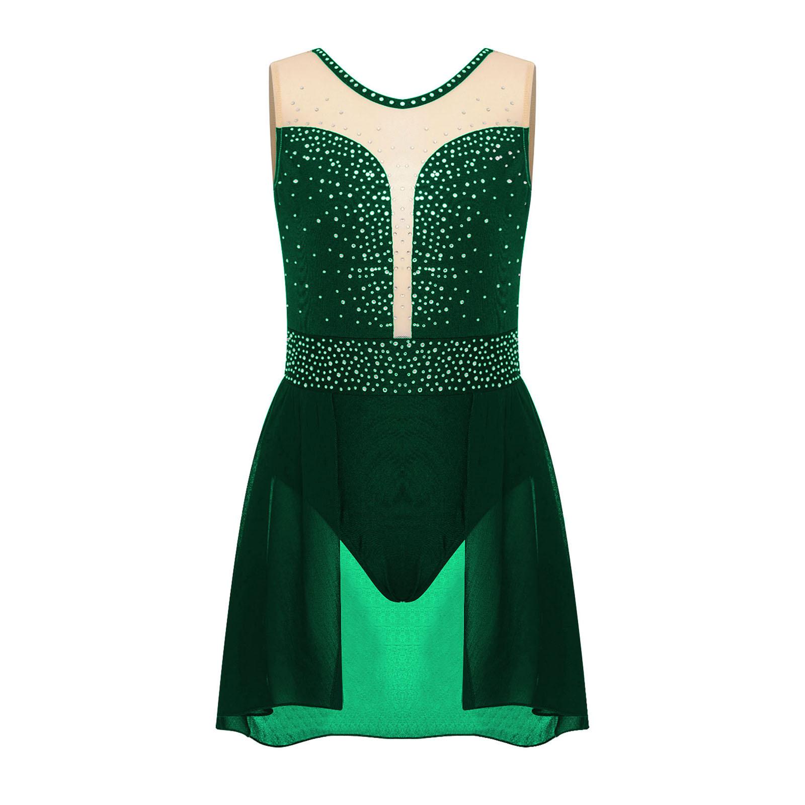 

Ліричний танцювальний купальник для дівчат із блискучими стразами та хрест-навхрест із спідницею на спині