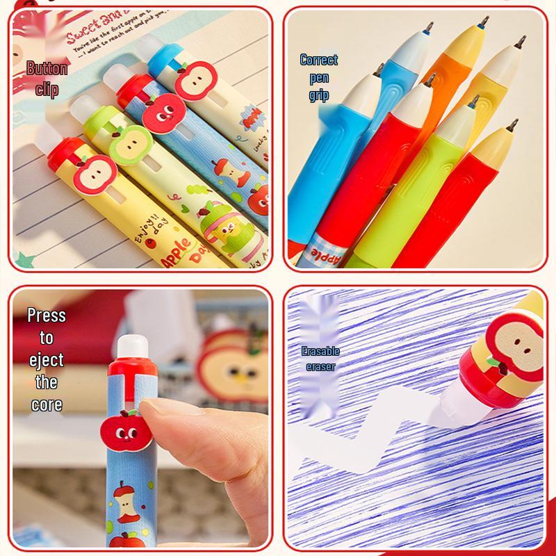 Apple Party Erasable Gel Pen: Soft Grip, Ideal for Third Graders, Promotes Correct Posture, Push-Button Design.