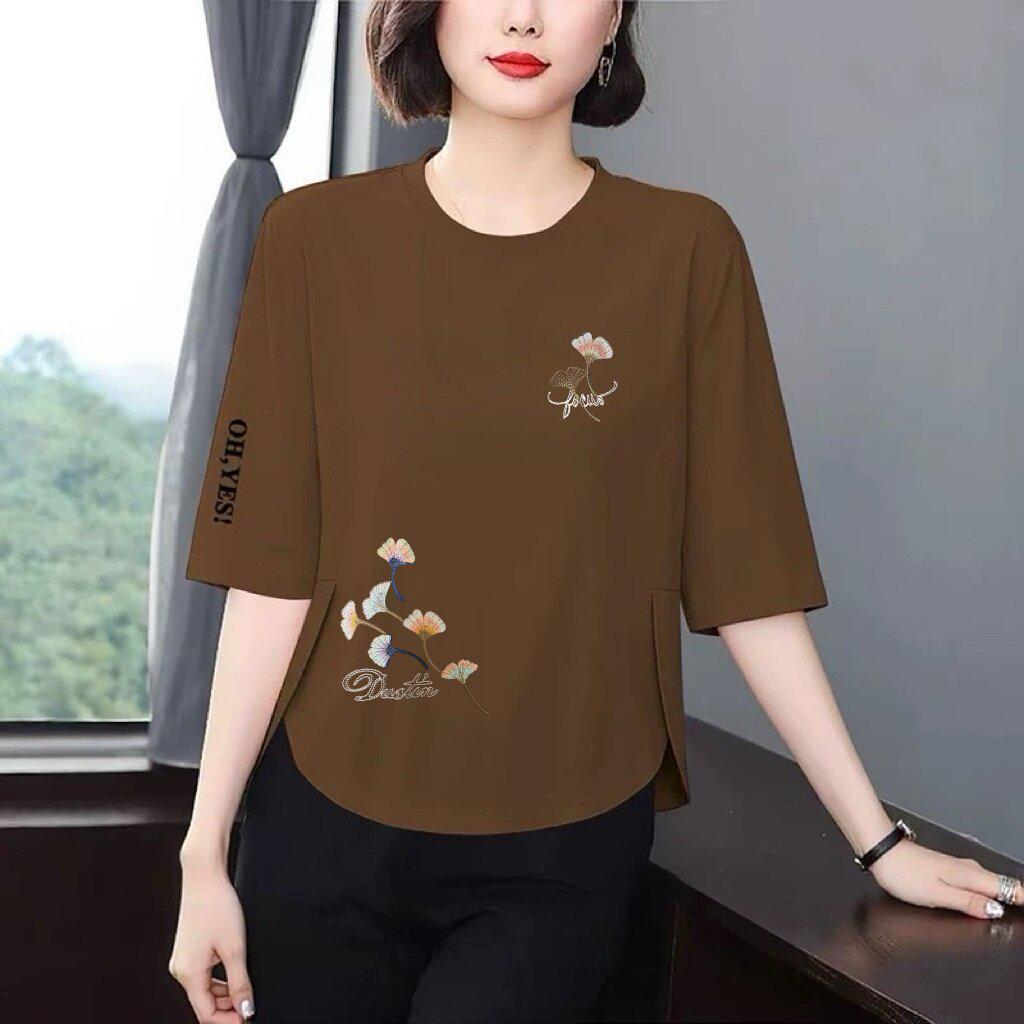 

High-End Stylish Women s Seven-Sleeve Loose-Fit Slimming T-Shirt, Belly-Covering Casual Top for a Youthful Look in Middle and Elderly Age. L