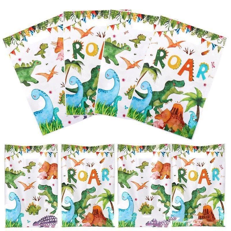 Cartoon Dinosaur Portable Favor Bags 10/30/60Pcs Plastic Treat Bags for Kids Baby Shower Party Supplies