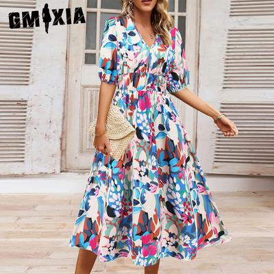 Damenmode Sommer Frühling Blumendruck Kurzarm V-Ausschnitt Freizeitkleider