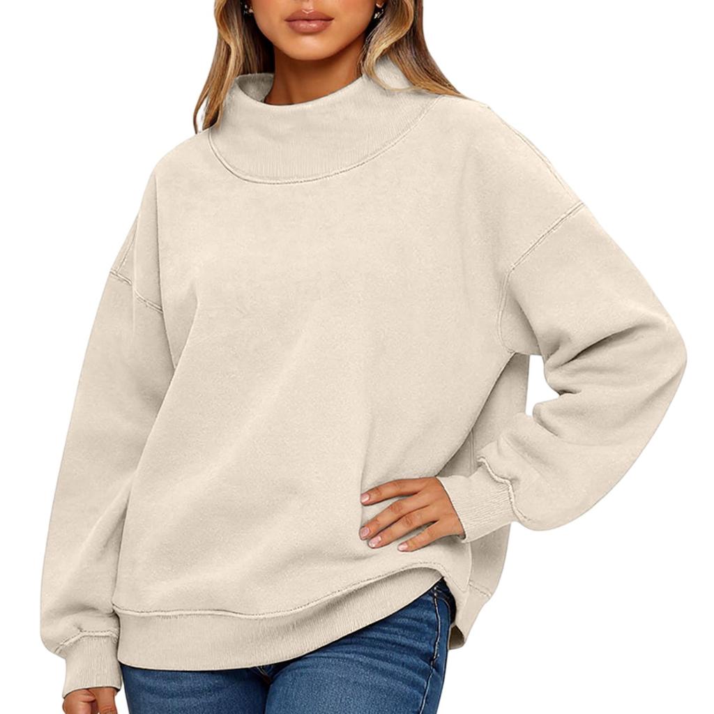 Ladies' Fashionable Loose High Neck Long Sleeved Solid Color Hoodie Top Pullover