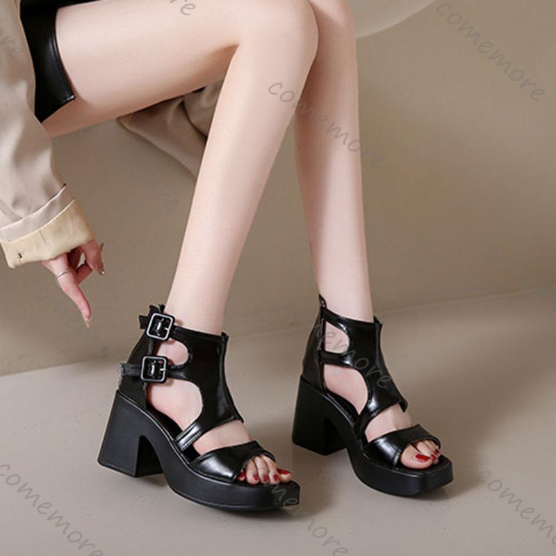 Módní Comemore Sandály na vysokém podpatku Nové Letní Dámské Silný Podpatek S Přezkou na Pásku Neformální Sandály Rybí Tlama Vystřihované Jednobarevné Dámské Boty