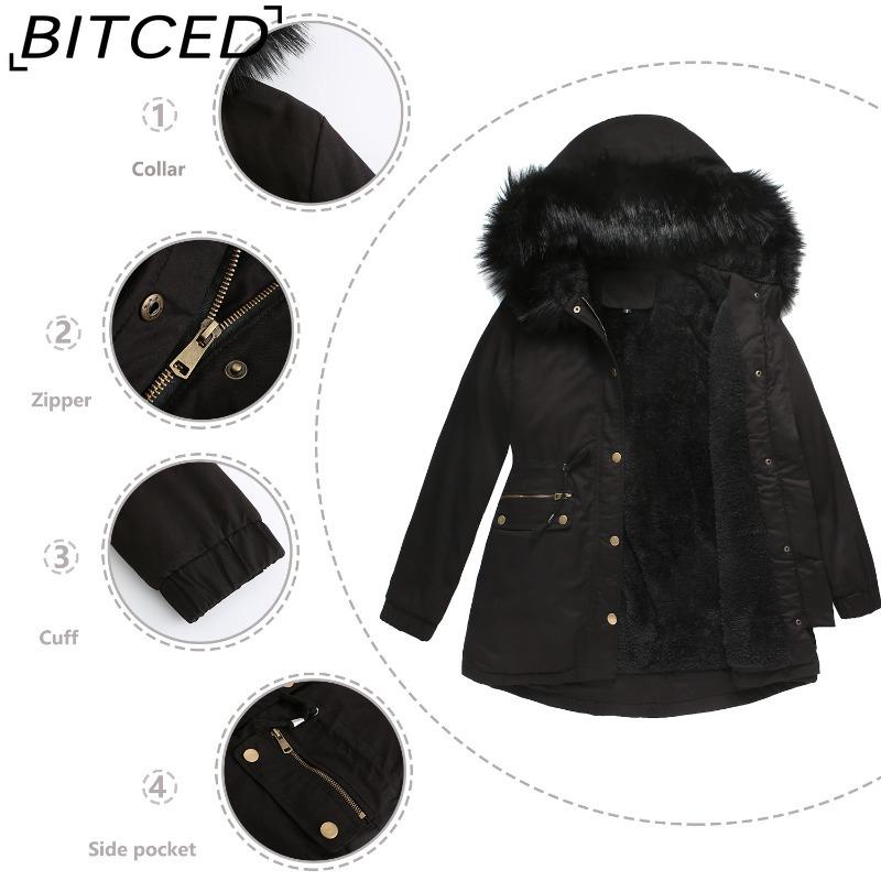 BITCED Fall/Winter Puffer Jacket for Women with Fleece Lining, Fur Collar, Hooded Warm Coat, Loose-Fit Cotton Jacket