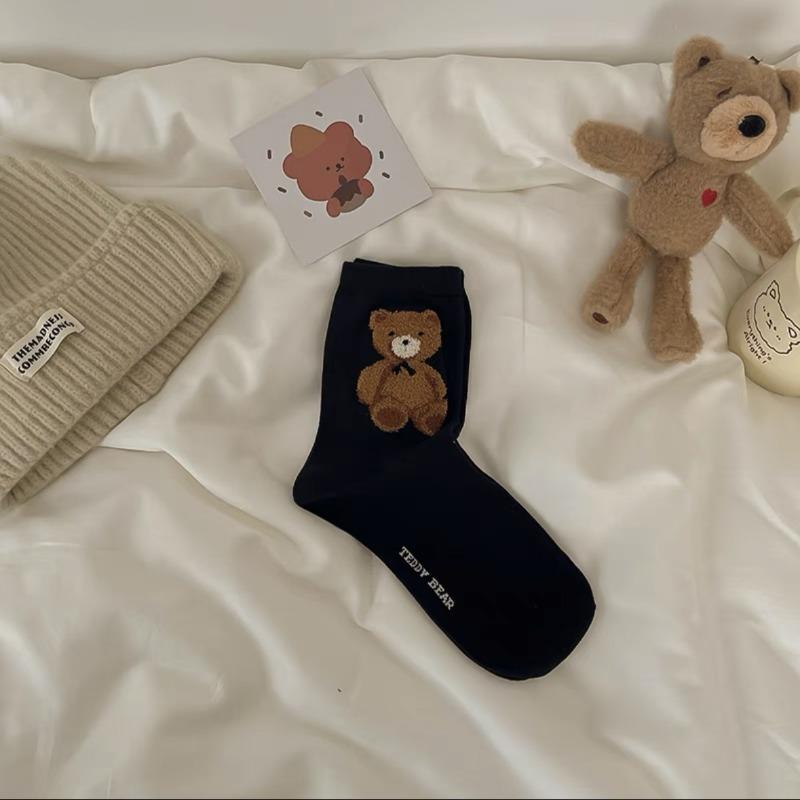 

Женские носки до середины икры с милым медвежонком, модные, милые и сладкие мультяшные длинные носки до икры для весны, осени и зимы 1 pair чёрный