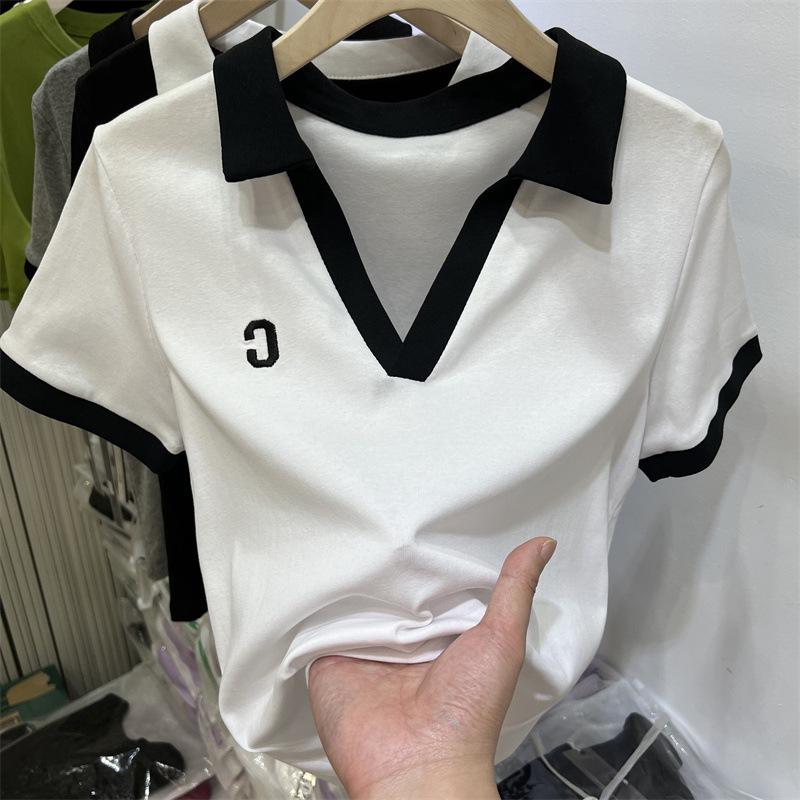2026 Summer New Women s V-neck Polo Shirt Fashionable Color-Block Casual T-shirt M