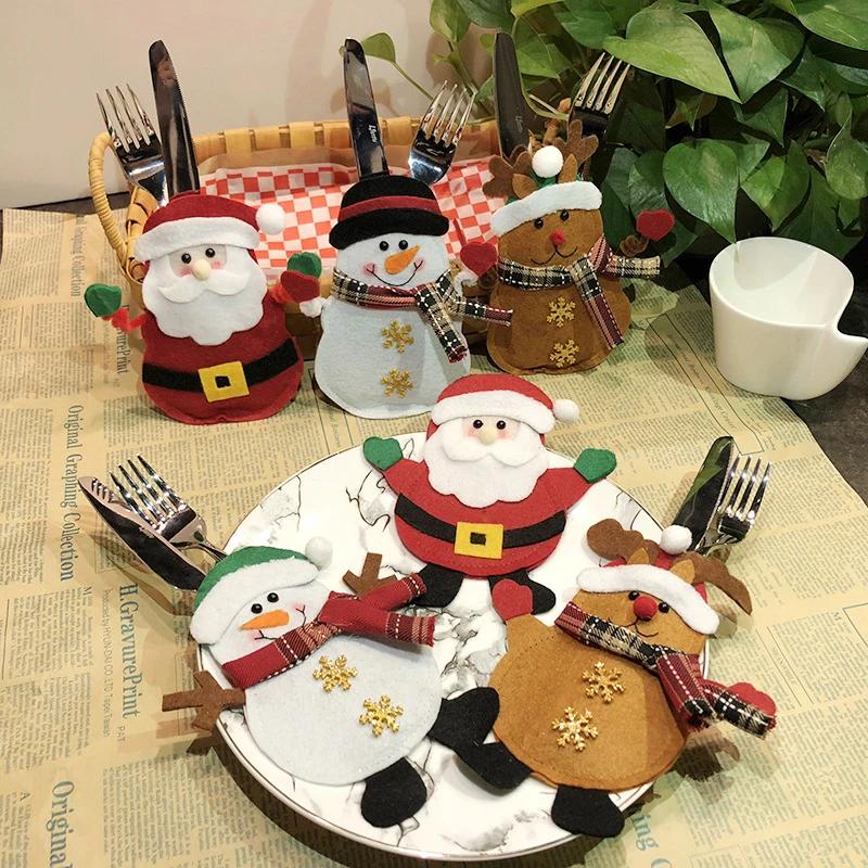 Creative Cartoon Christmas Dining Table Knife Fork Cover Hotel Tableware Decorations Santa Claus Snowman Reindeer Storage Bag
