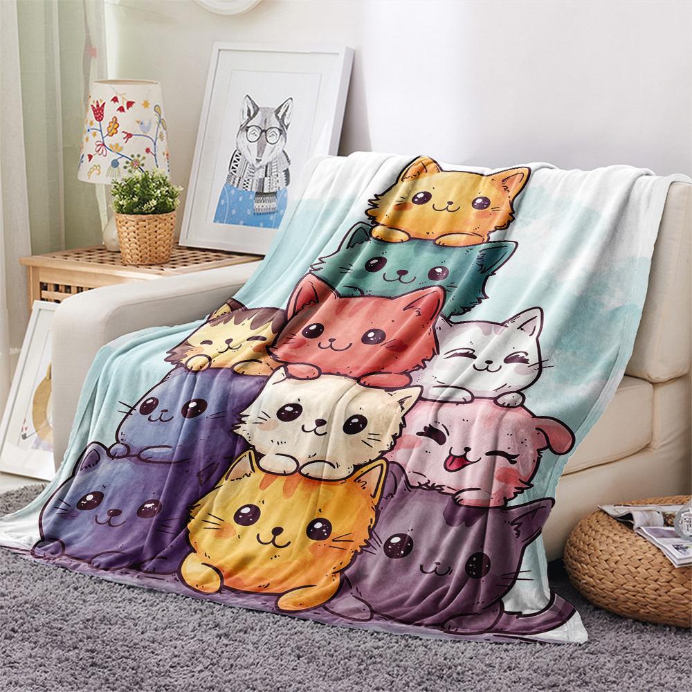Stacked Cats Print Flannel Blanket, High quality Comfortable for All Seasons, Home Decor, Warmth and Comfort