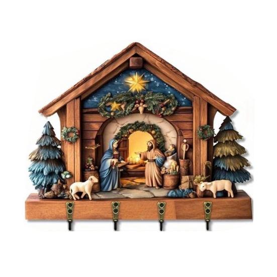 Dřevěný křesťanský držák na klíče 2D plochý Ježíš přijímání umění klíčenka stojan se 4 háčky náboženský nástěnný stojan na klíče pro vstupní halu domácí dekorace