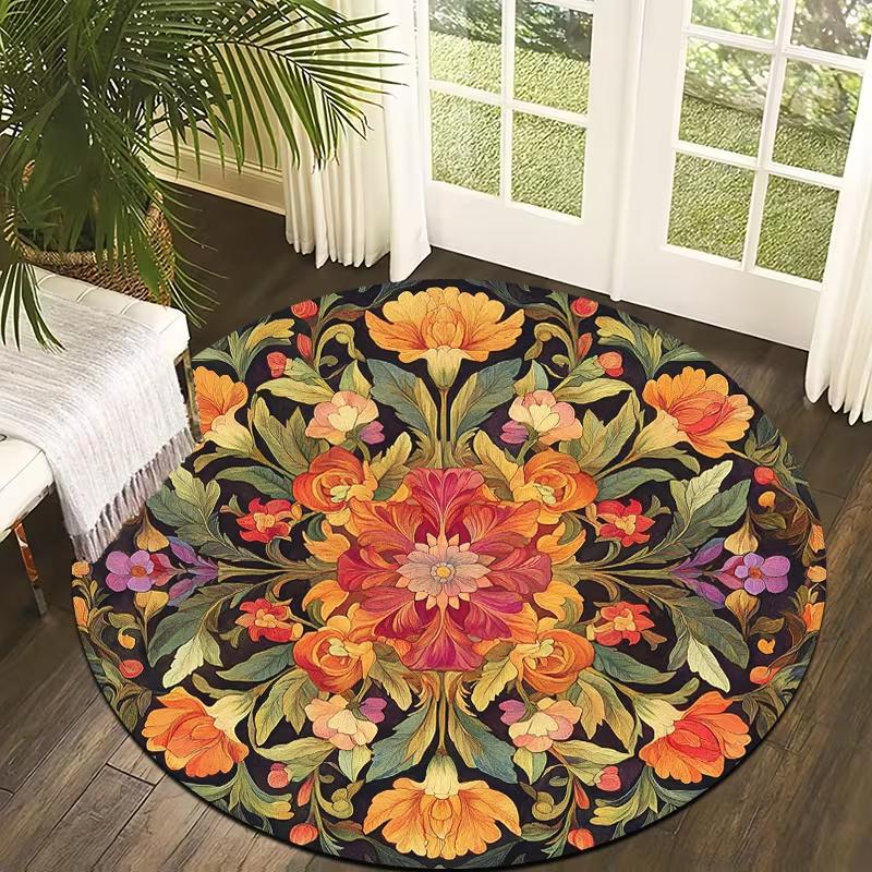 

Boho Colorful Floral Round Area Rug Retro Botanical Flower Carpet Soft Non-Slip Decor Circular Floor Mat for Living Room Bedroom 80cm x 80cm