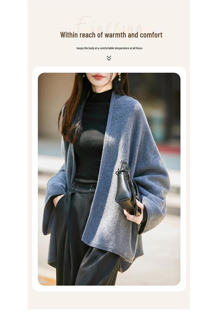 Women's 100% Wool V-neck Loose Knit Pullover Shawl - Solid Color Casual Sweater for Autumn/Winter