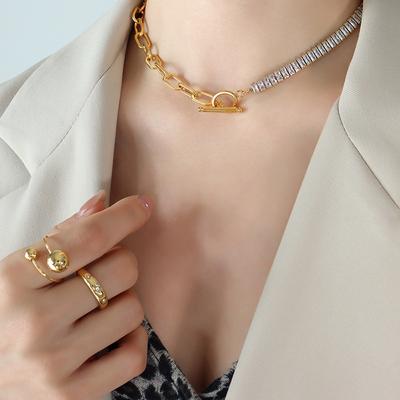 Cold Wind Exaggerated Chain Ot Buckle Design Zircon Personalized Necklace Hip Hop Non-Fading Bracelet Jewelry Set