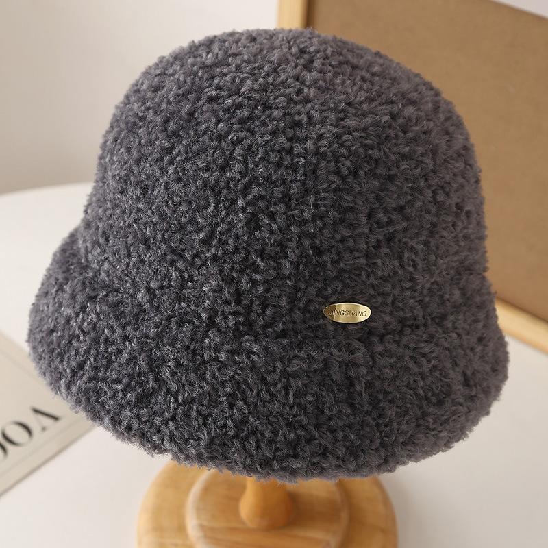 Small Label Thick Simple Lamb Wool Bucket Hat Basin Hat Women's Autumn and Winter Outdoor Warm Windproof Cold Bucket Hat