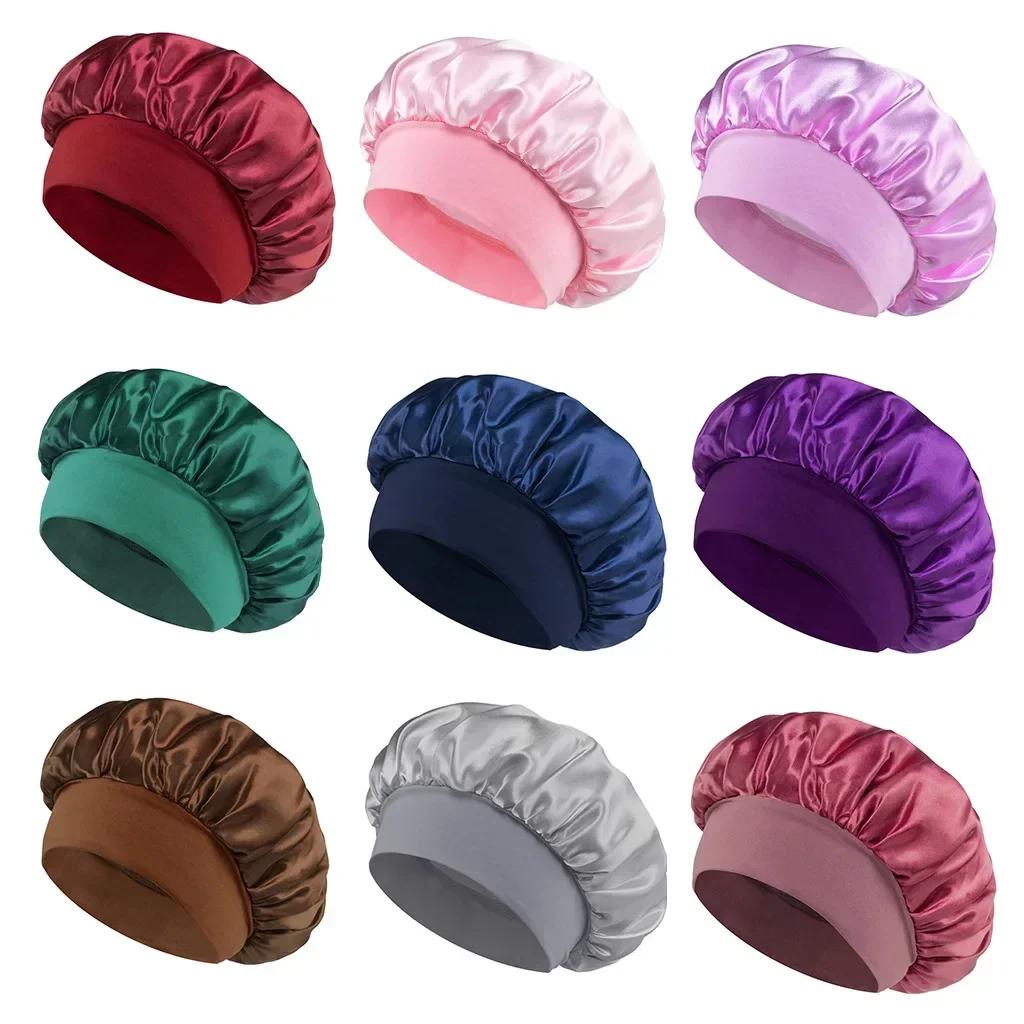 Satin Bonnets Night Sleeping Cap Large Elastic Wide Soft Band Colorful Silk Hat for Curly Hair Care Beauty Makeup for Women