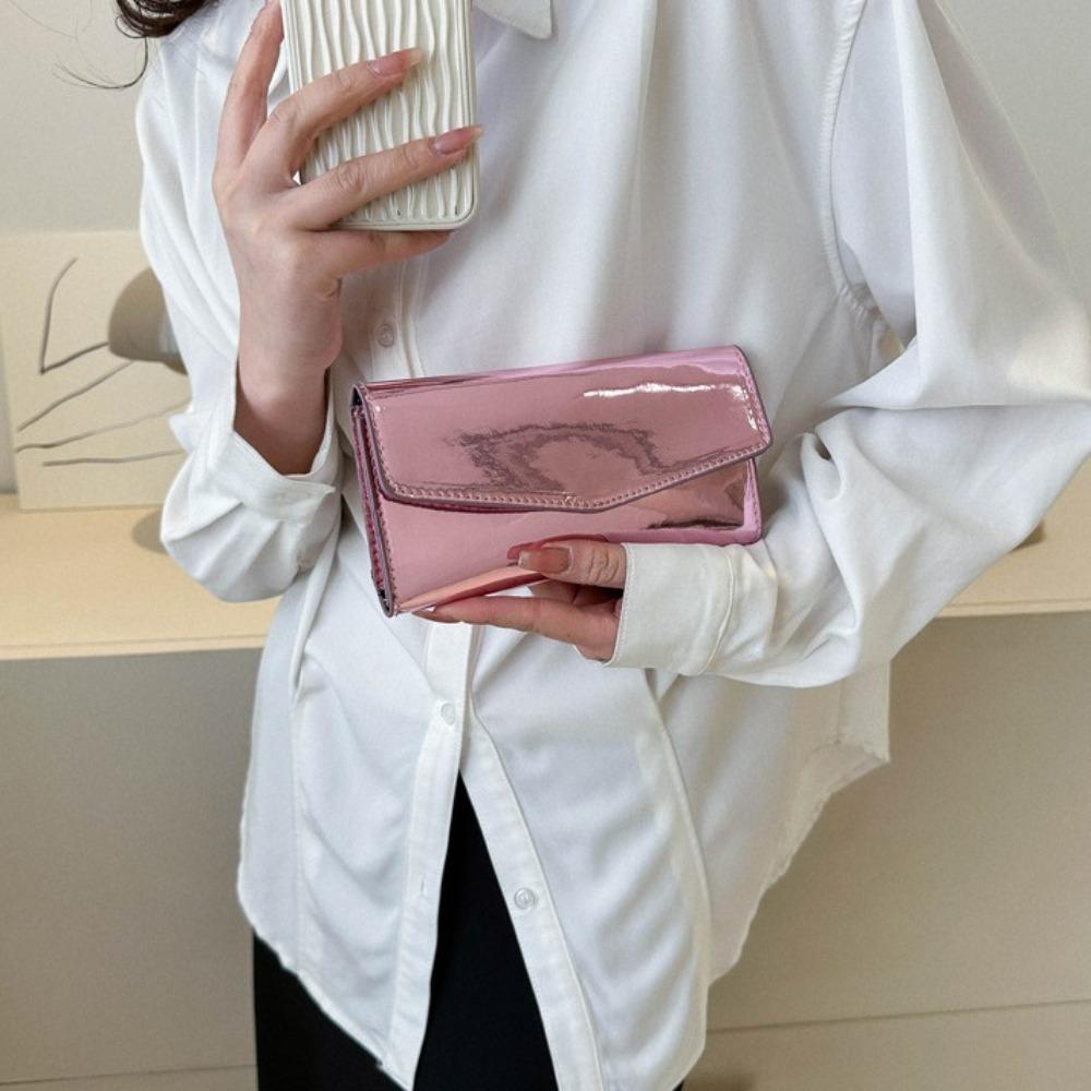 Elegant Pu Leather Envelope Evening Bag Functional Shiny Triple Flod Long Wallet Solid Color Korean Style Handheld Bag Girls