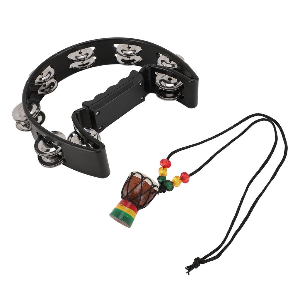 Handheld Tambourine with Hanging Decor Metal Bells Half Moon Drum Black Hand Percussion Instrument for Party Dance